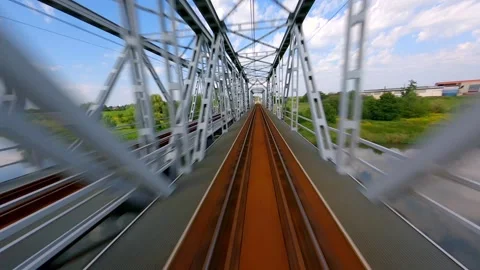 FPV fast flight over the railway bridge in summer Stock Footage 269321880