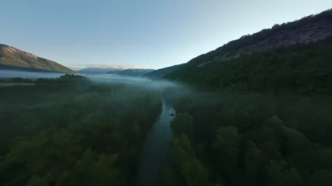 FPV flight above a river through a misty forest valley Stock Footage 346000647