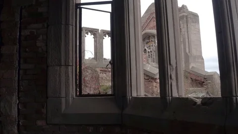 FPV: Looking through the window at collapsed sanctuary in City Methodist Church Stock Footage 76283873