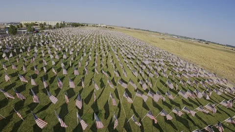 FPV Memorial Flyover: Thousands of American Flags with Centerpiece at Half-Staff Stock Footage 332025430
