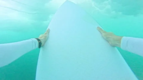 FPV, POV: Surfer duck diving beneath breaking wave while paddling back to lineup Stock Footage 339034843