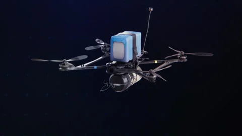 FPV quadcopter with battery and munition on dark background in 3D Vídeos de archivo 347465261