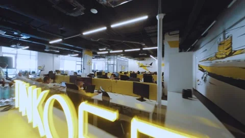 FPV shooting of the company's office, programmers work in the office Stock Footage 239484045