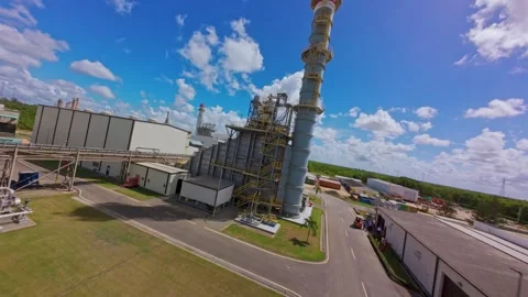 FPV shot of the Energa 4 power generation facility, fuel storage tanks Stock Footage 319647838