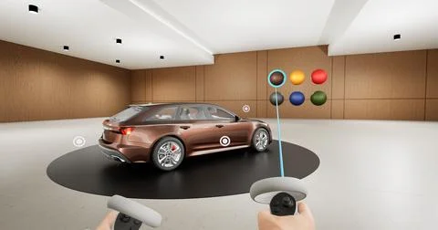 FPV View of person using VR headset to customize a car before the purchase Illustrazione stock