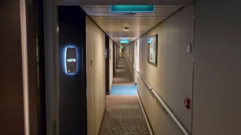 FPV-Walking along empty cruise ship passageway Stock Footage 302030728