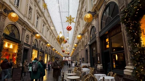 FPV Walking In Royal Saint-Hubert Galleries Brussels With Christmas Decor Stock Footage 322154848
