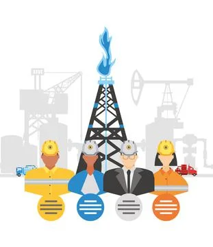 Fracking oil tower rig industry and workers characters Stock Illustration