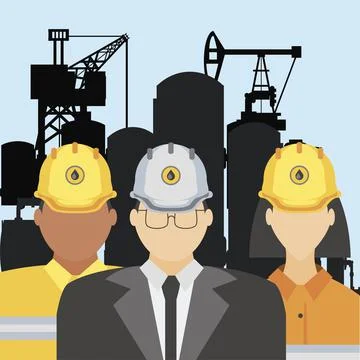 Fracking oil tower rig manager and workers characters Stock Illustration