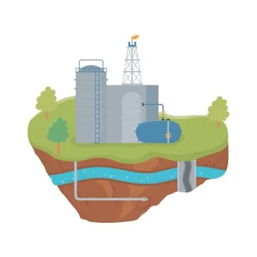 Fracking tanks storage process pipeline water underground Stock Illustration