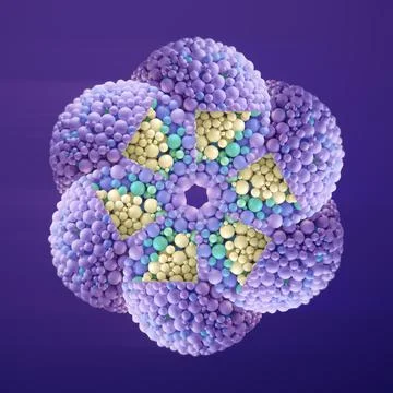 Fractal 3D sphere with turquoise and yellow accents on lilac backdrop Stock Illustration