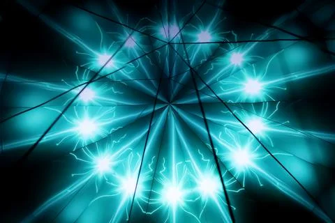 Fractal with blue rays and bright radiant stars. Laser show. Blue kaleidoscopic Stock Photos