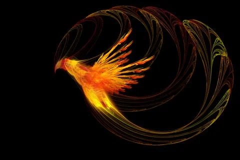 Fractal image of a phoenix bird on a black background Stock Illustration
