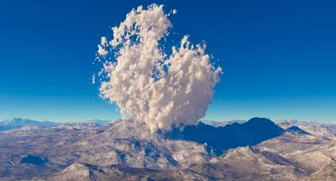 Fractal mountain landscape withe eruption volcano Stock Illustration