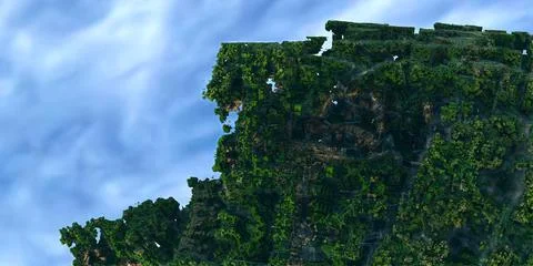 Fractal rock of greenery on the background of the sky with clouds. 3d renderi Stockillustratie