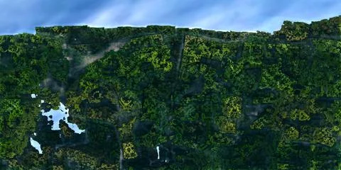 Fractal rock of greenery on the background of the sky with clouds. 3d renderi 스톡 일러스트