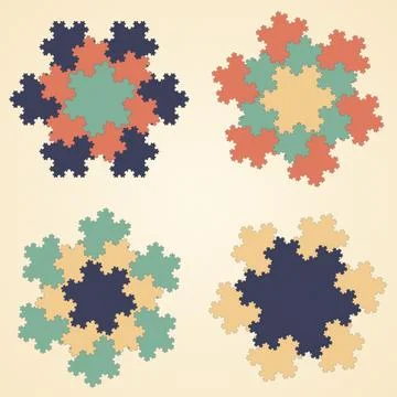 Fractal Snowflake Patterns Set, Geometric Koch Curve Illustrations in Vibra.. Stock Illustration