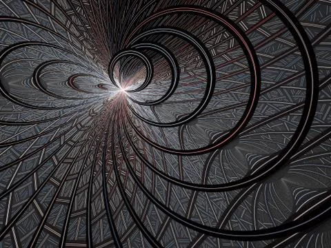 Fractal virtual grid on a black background. Abstract illuminated, thin, curvi Stockillustratie