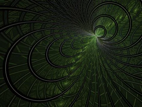 Fractal virtual grid on a black background. Abstract illuminated, thin, curvi Stock-Illustration