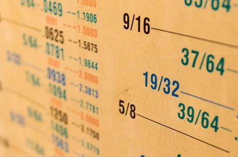 Fractional to decimal measurement size conversion chart yellowed from age Stock Photos