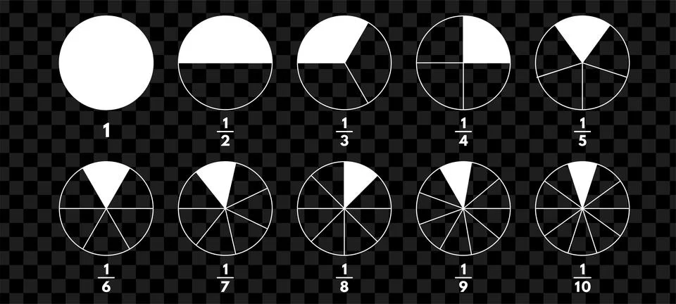 Fractions pie divided for math. Circle pie with pieces. Segment slice set. Si Stock Illustration
