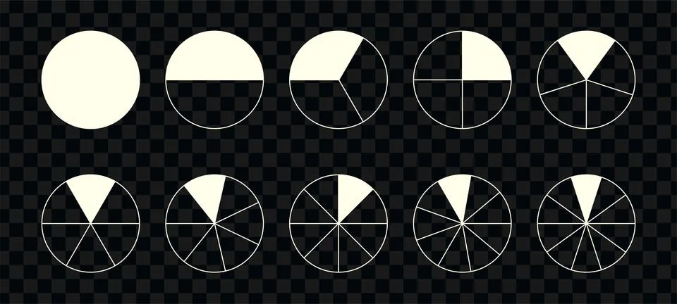 Fractions pie divided for math. Circle pie with pieces. Segment slice set. Si Stock Illustration