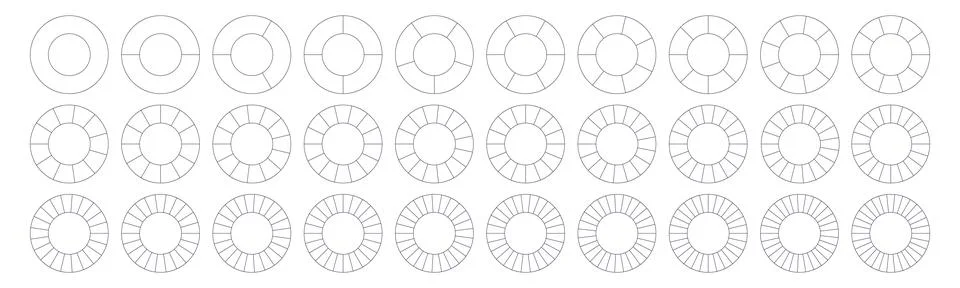 Fractions pie divided for math. Circle pie with pieces. Segment slice set. Si Stock Illustration