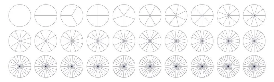 Fractions pie divided for math. Circle pie with pieces. Segment slice set. Si Stock Illustration