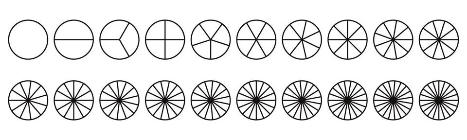 Fractions pie divided for math. Circle pie with pieces. Segment slice set. Si Stock Illustration