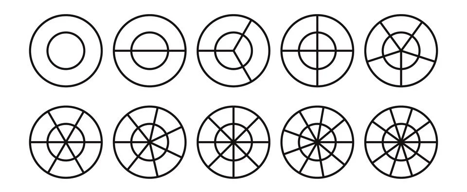 Fractions pie divided for math. Circle pie with pieces. Segment slice set. .. Stock Illustration