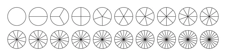 Fractions pie divided for math. Circle pie with pieces. Segment slice set. .. Stock Illustration