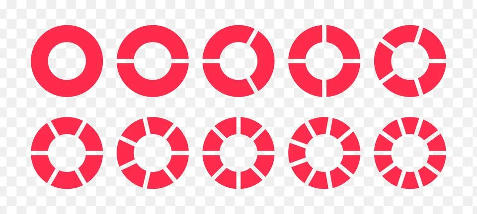 Fractions pie divided for math. Red circle pie with pieces. Segment slice s.. Stock Illustration