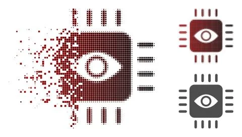 Fractured Dotted Halftone Bionic Eye Processor Icon Stock Illustration