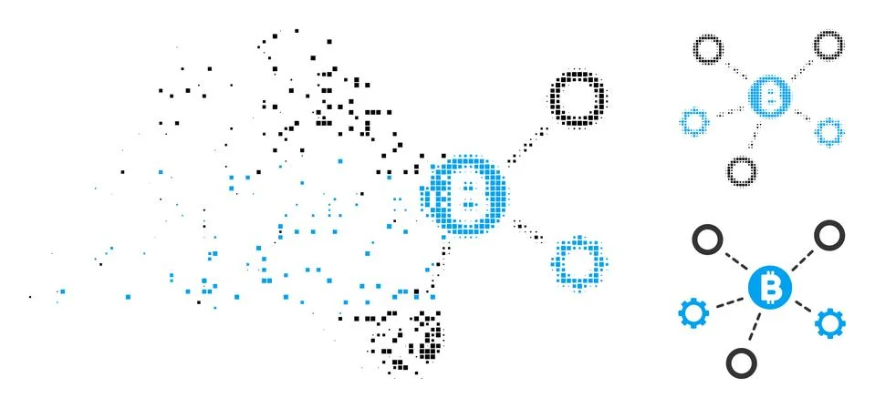 Fractured Dotted Halftone Bitcoin Network Nodes Icon Illustrazione stock