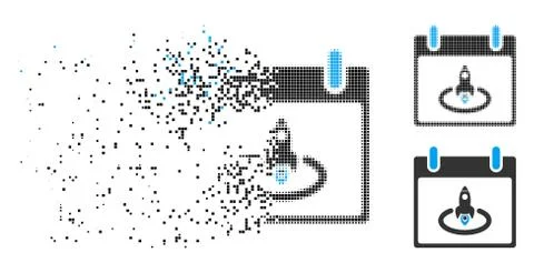 Fractured Dotted Halftone Rocket Start Calendar Day Icon Illustrazione stock