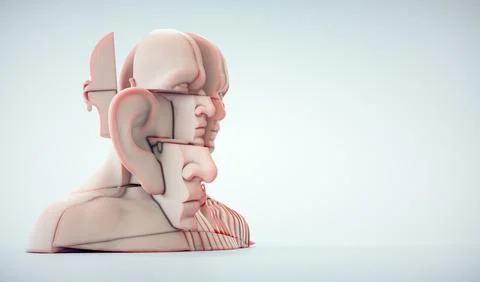 Fractured human head. The concept of distributed attention and mental focus. Illustrazione stock