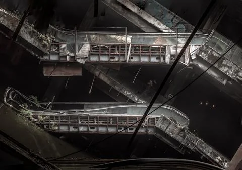 Fractured, multi-tiered escalators cut diagonally across a cavernous void, .. Stock Photos