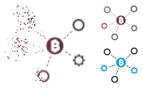 Fractured Pixel Halftone Bitcoin Network Nodes Icon Illustrazione stock