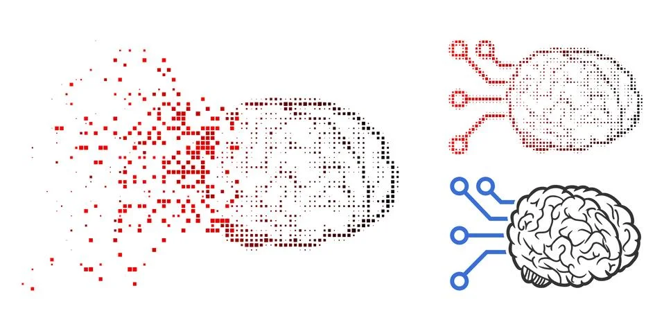 Fractured Pixel Halftone Brain Computer Interface Icon Stock Illustration