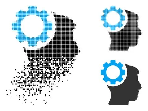 Fractured Pixel Halftone Brain Gear Icon Stock Illustration