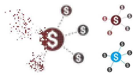 Fractured Pixel Halftone Dollar Network Nodes Icon Stock Illustration