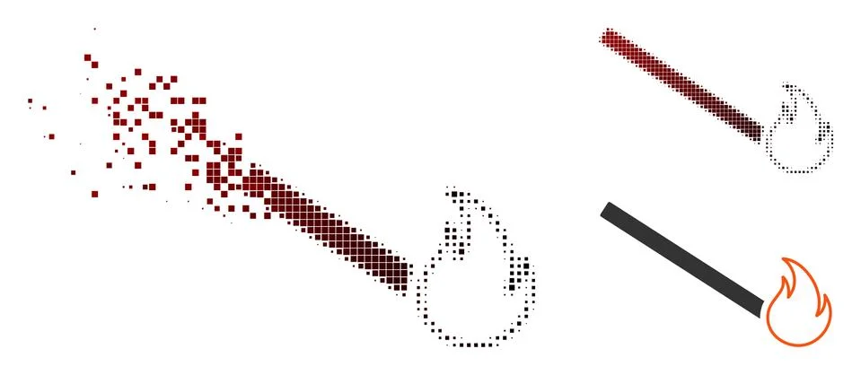 Fractured Pixel Halftone Match Flame Icon Stock Illustration