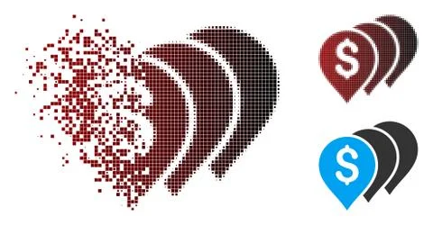 Fractured Pixel Halftone Money Map Pointers Icon Stock Illustration