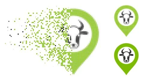 Fractured Pixelated Halftone Cow Map Marker Icon Stock Illustration