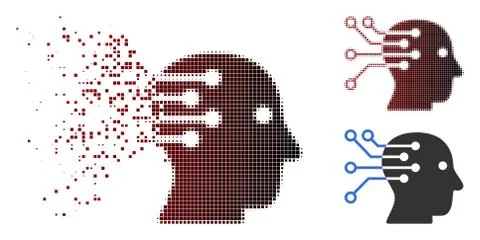 Fractured Pixelated Halftone Cyborg Brain Interface Circuit Icon Ilustração Stock