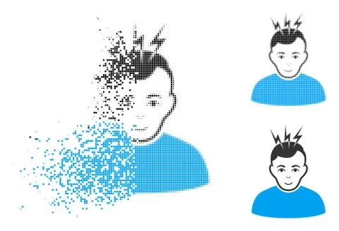 Fractured Pixelated Halftone Headache Icon with Face Illustrazione stock