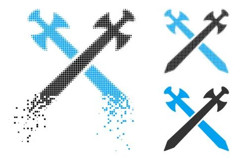 Fractured Pixelated Halftone Medieval Swords Icon Stock Illustration