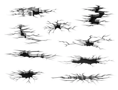 Fractures on land surface set. Black faults on ground, disaster or drought Stock Illustration