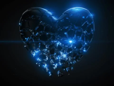 Fracturing and dissolving dark heart with blue cyrstal inside. concept for Stock Illustration