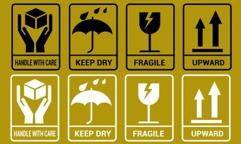 Fragile box, cargo warning vector signs. Set of fragile package icons, handle Stock Illustration